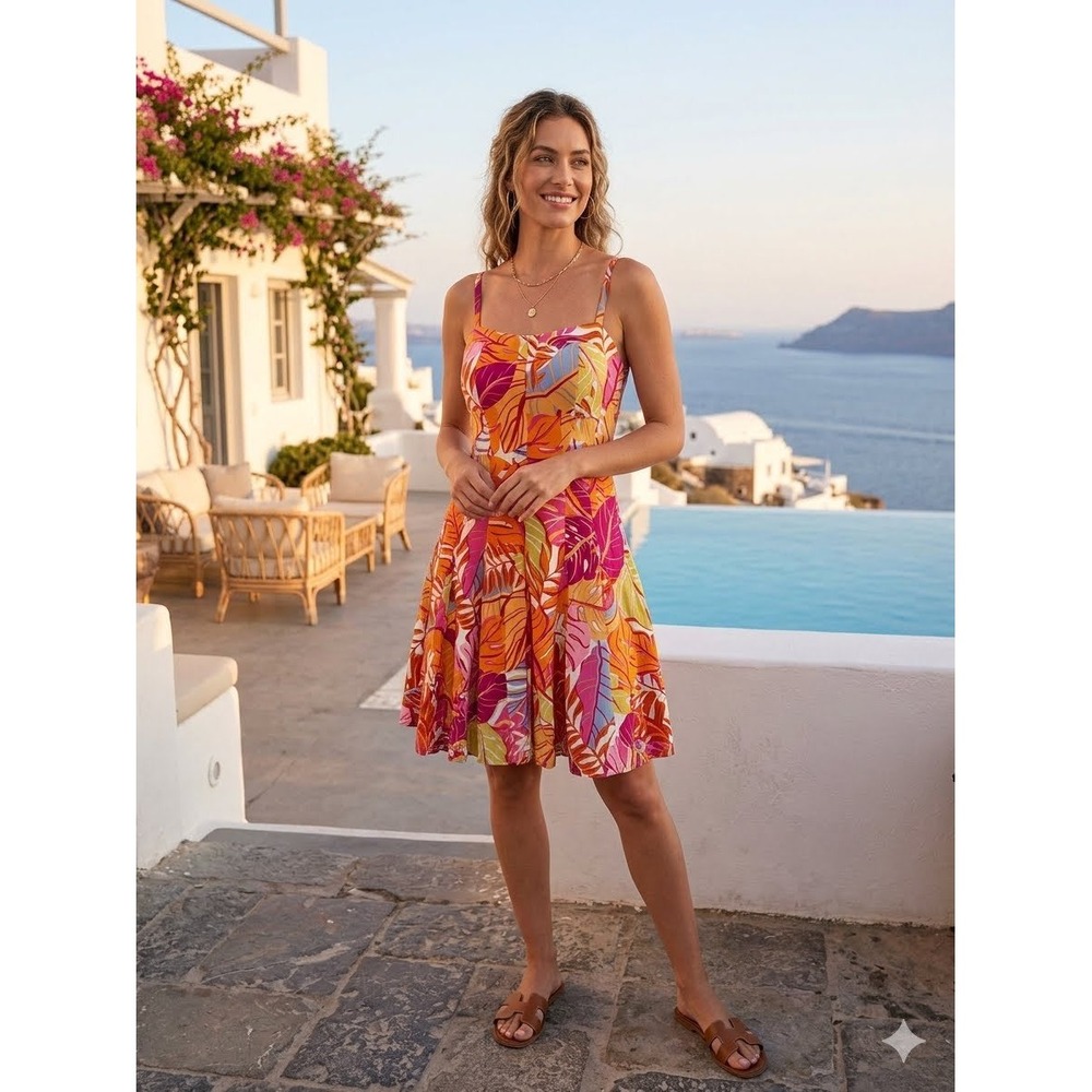 Jolie & Joy Tropical Leaf Print Sun Dress Orange Pink Smocked Back M Maximalist